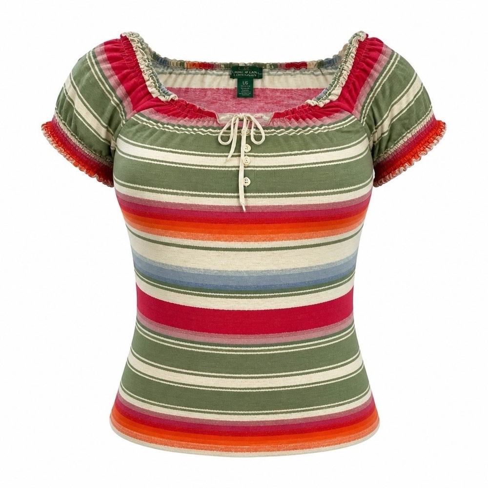 Lauren Ralph Lauren Jeans Co Boho Peasant‎ Top L Ruffle Neckline Multi Stripe